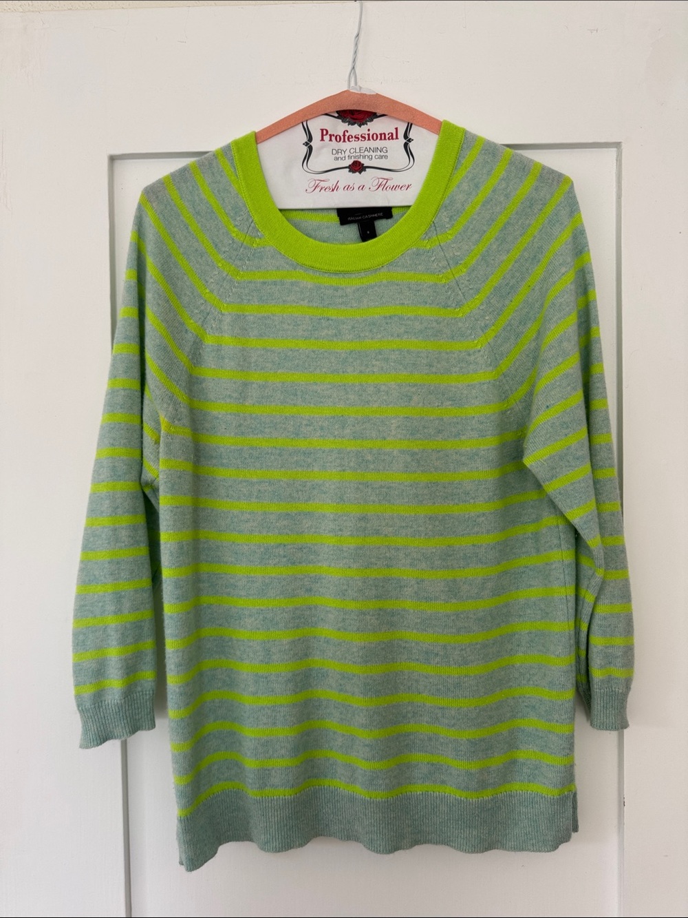 Italian Cashmere J. Crew Light blue and Lime Striped Crewneck Sweater